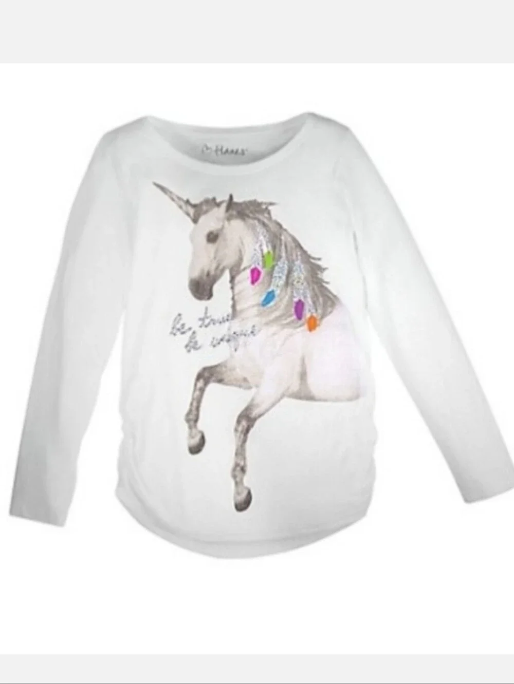 Hanes White Unicorn Graphic Long-Sleeve Top & Blue Patchwork Shorts Pajama Set